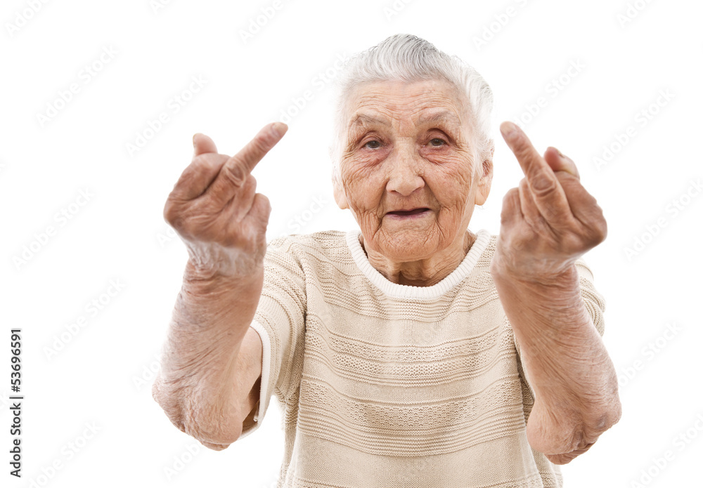very old woman showing her middle finger Stock-Foto