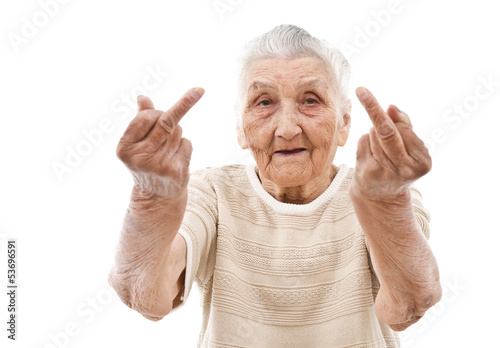 Fototapeta very old woman showing her middle finger