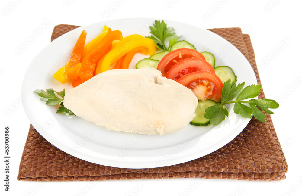 Boiled chicken breast on plate with vegetables isolated on Boiled chicken breast on plate with vegetables isolated on
