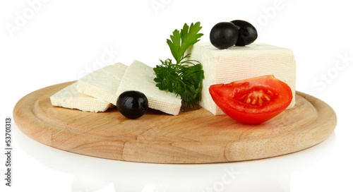 Sheep milk cheese, black olives, red tomato with parsley and