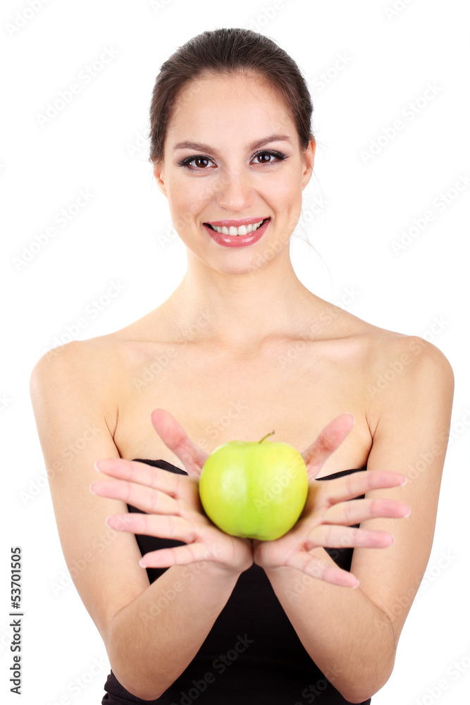 Smiling woman with apple isolated on white Smiling woman with apple isolated on white