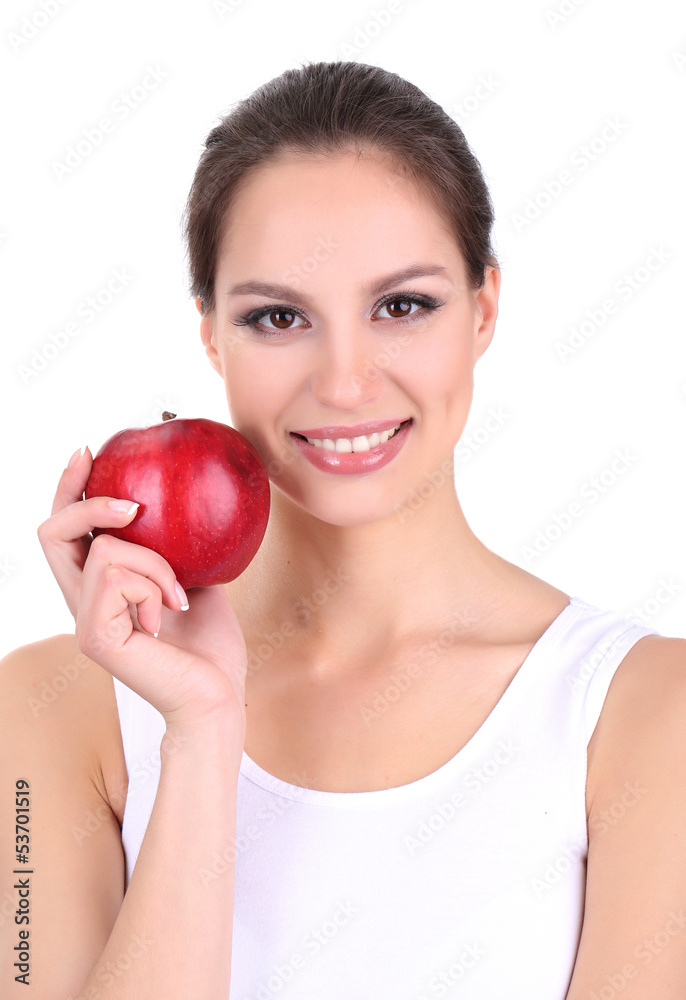 Smiling woman with apple isolated on white Smiling woman with apple isolated on white
