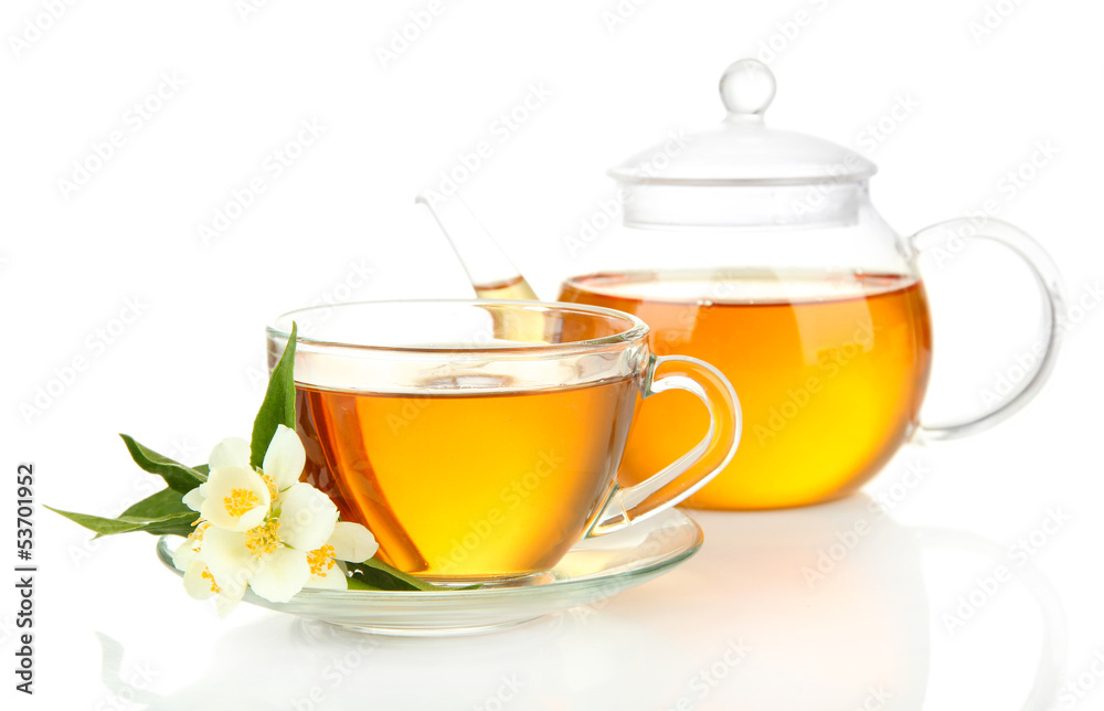 Cup of tea with jasmine, isolated on white Cup of tea with jasmine, isolated on white