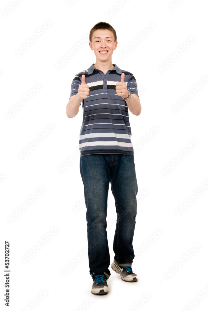 Happy casual young man holds his thumbs up Happy casual young man holds his thumbs up