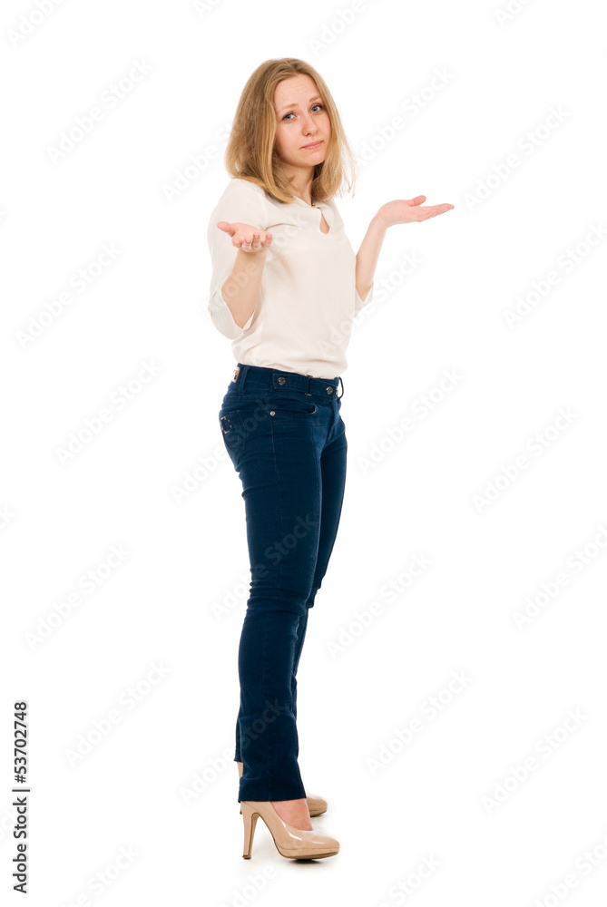 Surprised woman showing open hand palm with copy space for produ Surprised woman showing open hand palm with copy space for produ