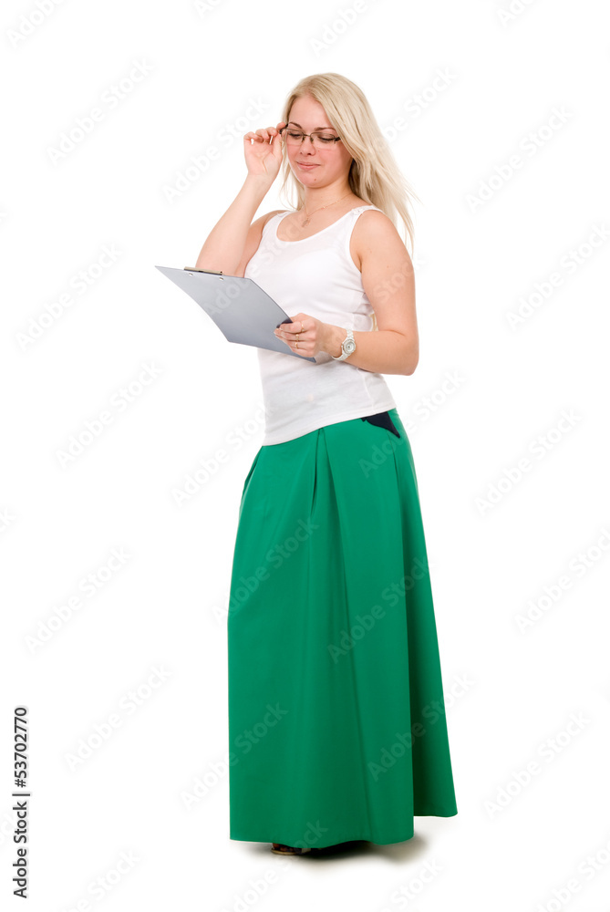 Full length of young blond holding clipboard Full length of young blond holding clipboard