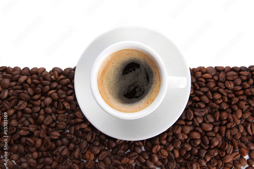 Cup of coffee with coffee beans, isolated on white Cup of coffee with coffee beans, isolated on white