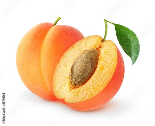 Isolated apricots. One whole fresh apricot fruit with leaf and a half isolated on white background