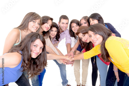 Group of happy people, joining hands