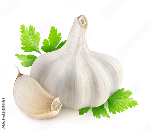 Isolated garlic. Head of dried garlic, one segment and parsley leaves isolated on white background