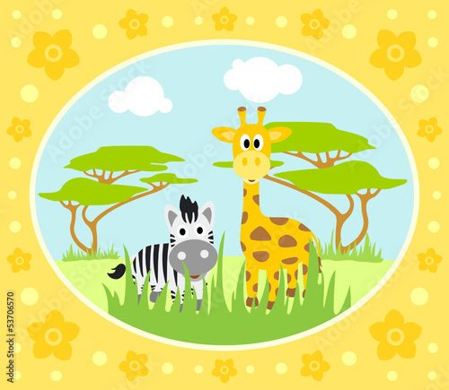 Safari background card with zebra and giraffe