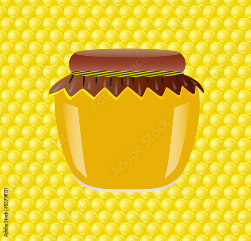 Bank of honey on honeycomb background