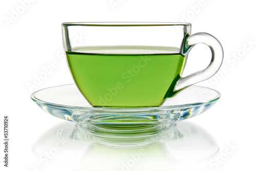 Green tea in a glass bowl on a white background.