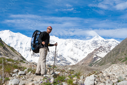 Hikier is climbing mountain in Caucasus mountains in Bezengi reg