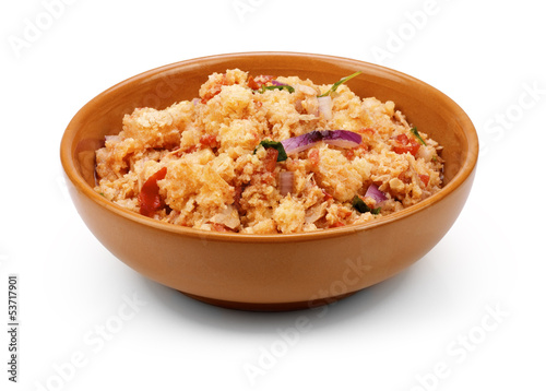 Panzanella whit bred tomatoes, onion, mediterranean cuisine.