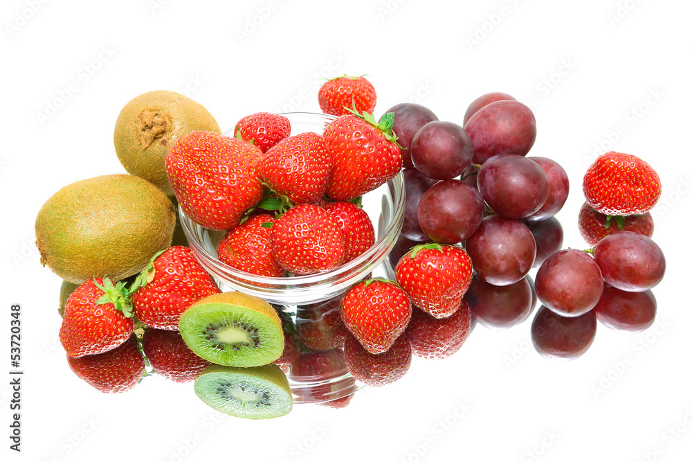 Ripe Berries and fruits on a white background with reflection Ripe Berries and fruits on a white background with reflection
