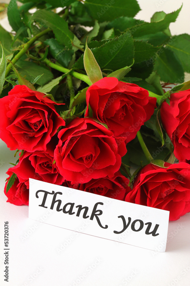 Thank you note and red roses