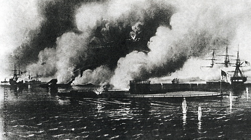 Obraz na plátně The first battle between ironclads (Virginia vs. Monitor, 1862)