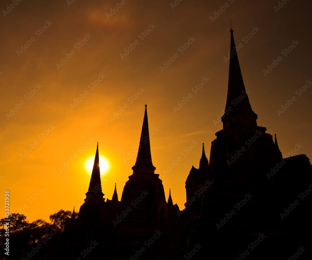 Silhouette of Pagoda at Wat Phra Sri Sanphet in Thailand