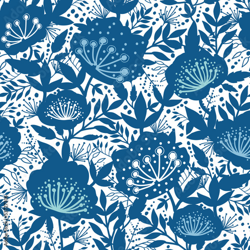 Vector blue and white garden plants silhouettes seamless pattern