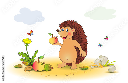 Igel mit Apfel und Wurm