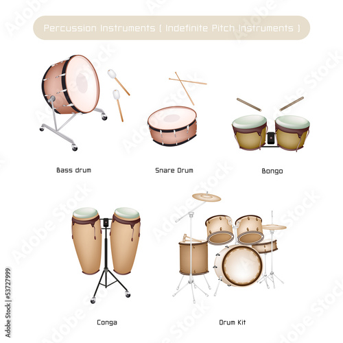 Set of Drum Instruments with Sticks on White Background