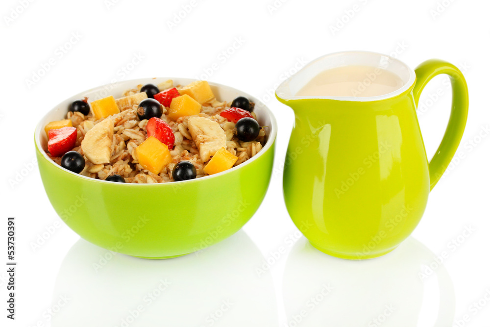 Oatmeal with fruits isolated on white