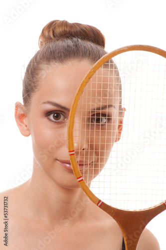 girl with a badminton racket, isolated on white