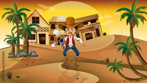A cowboy holding a gun with a cigarette