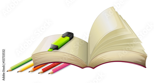 An empty book with a highlighter and pencils
