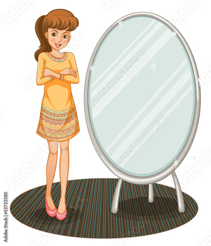 A pretty girl beside a mirror