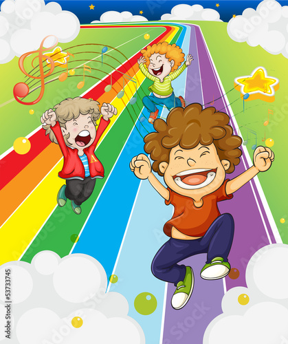 Happy children at the colorful road