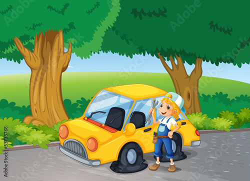 A girl fixing the yellow car near the big trees