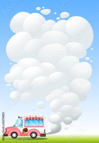 An icecream truck releasing a smoke