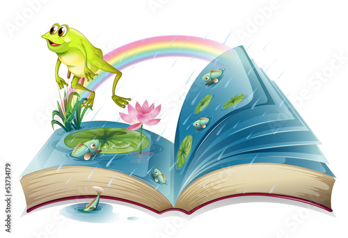 A storybook with a frog and fishes at the pond