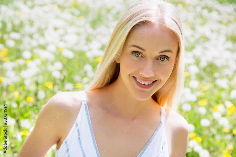 Naklejka premium Woman among dandelions