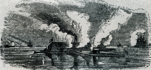 Fotografie The first battle between ironclads (Virginia vs. Monitor, 1862)