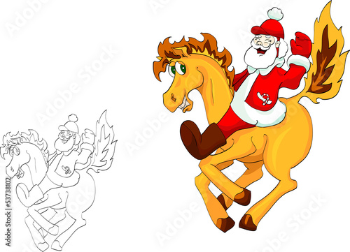 Cheerful Santa the jockey astride a red horse
