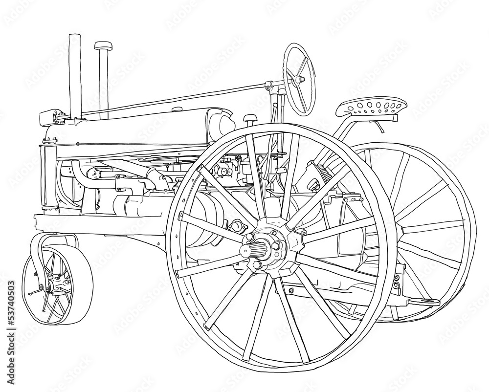 Fototapeta premium blue tractors vintage line art