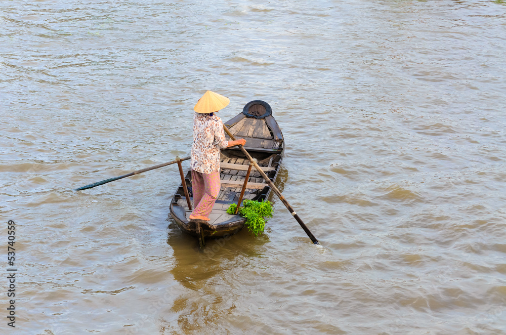 Woman and food stall boat in Nga Nam floating market, Soc Trang, Woman and food stall boat in Nga Nam floating market, Soc Trang,