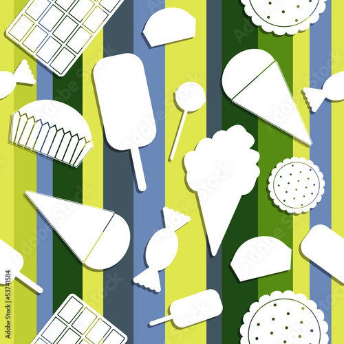 Seamless pattern: sweets. Chocolate, candy, ice cream, cake, coo
