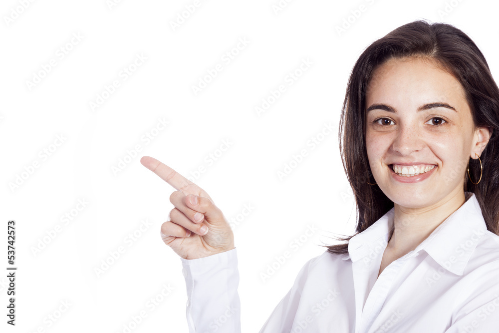 Portrait of young beautiful woman pointing at copyspace Portrait of young beautiful woman pointing at copyspace