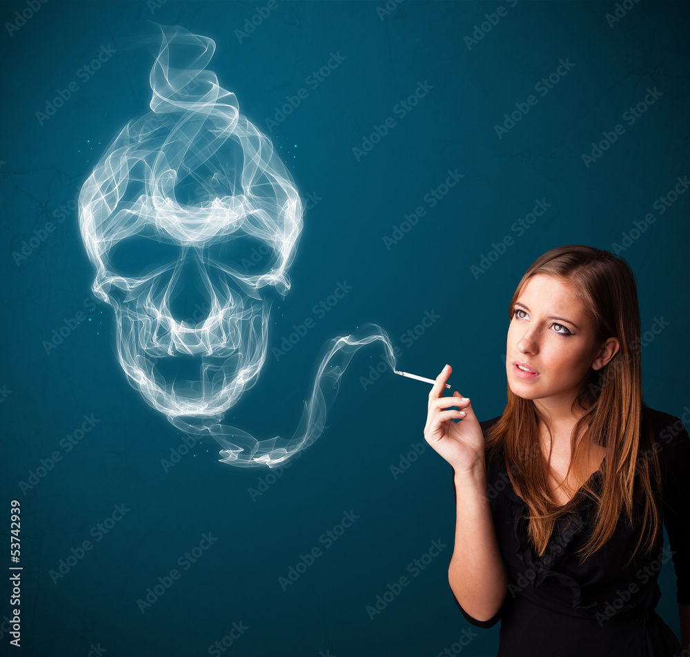 Obraz premium Young woman smoking dangerous cigarette with toxic skull smoke