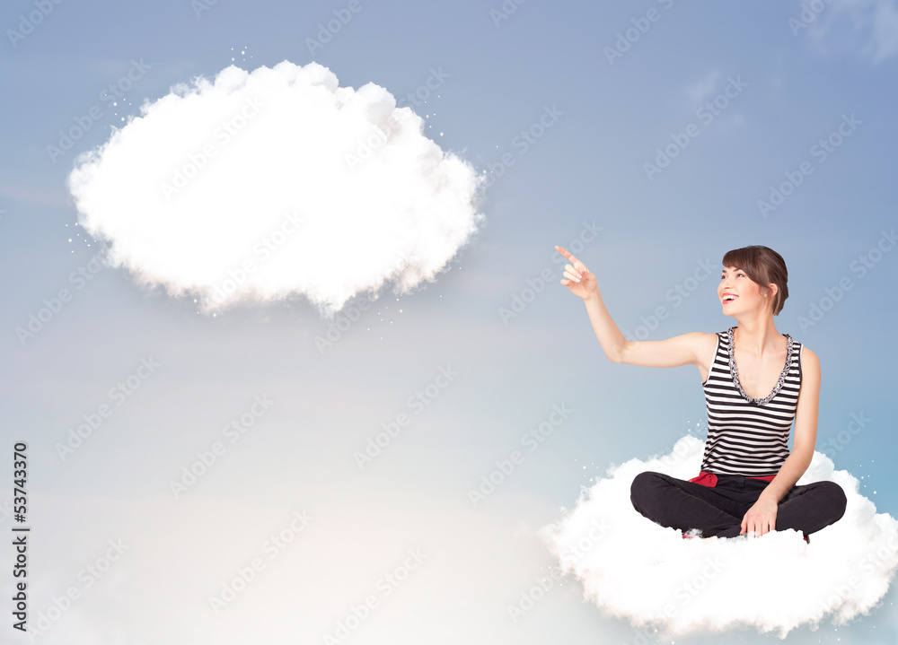 Young girl sitting on cloud and thinking of abstract speech bubb Young girl sitting on cloud and thinking of abstract speech bubb