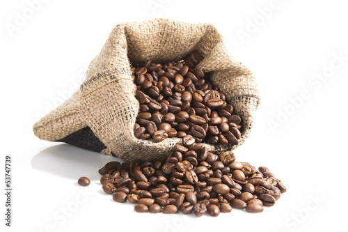 coffee beans in brown bag.