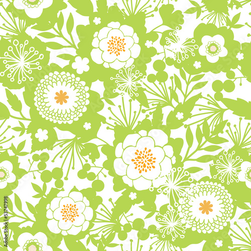 Vector green and golden garden silhouettes seamless pattern with