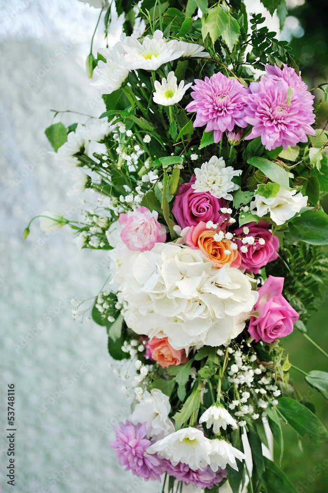 beautiful wedding setup with flowers on white background