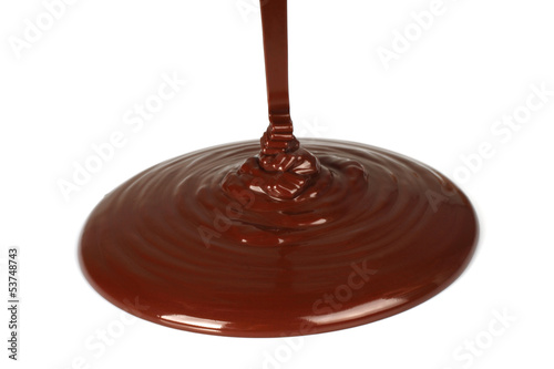 Chocolate flow on white background.