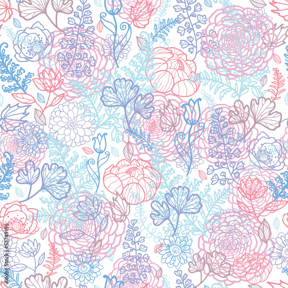 Vector morning colors floral line art seamless pattern with hand