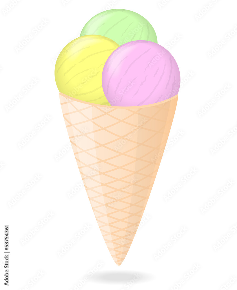 Three colorful ice cream balls in waffle cone isolated on white Three colorful ice cream balls in waffle cone isolated on white